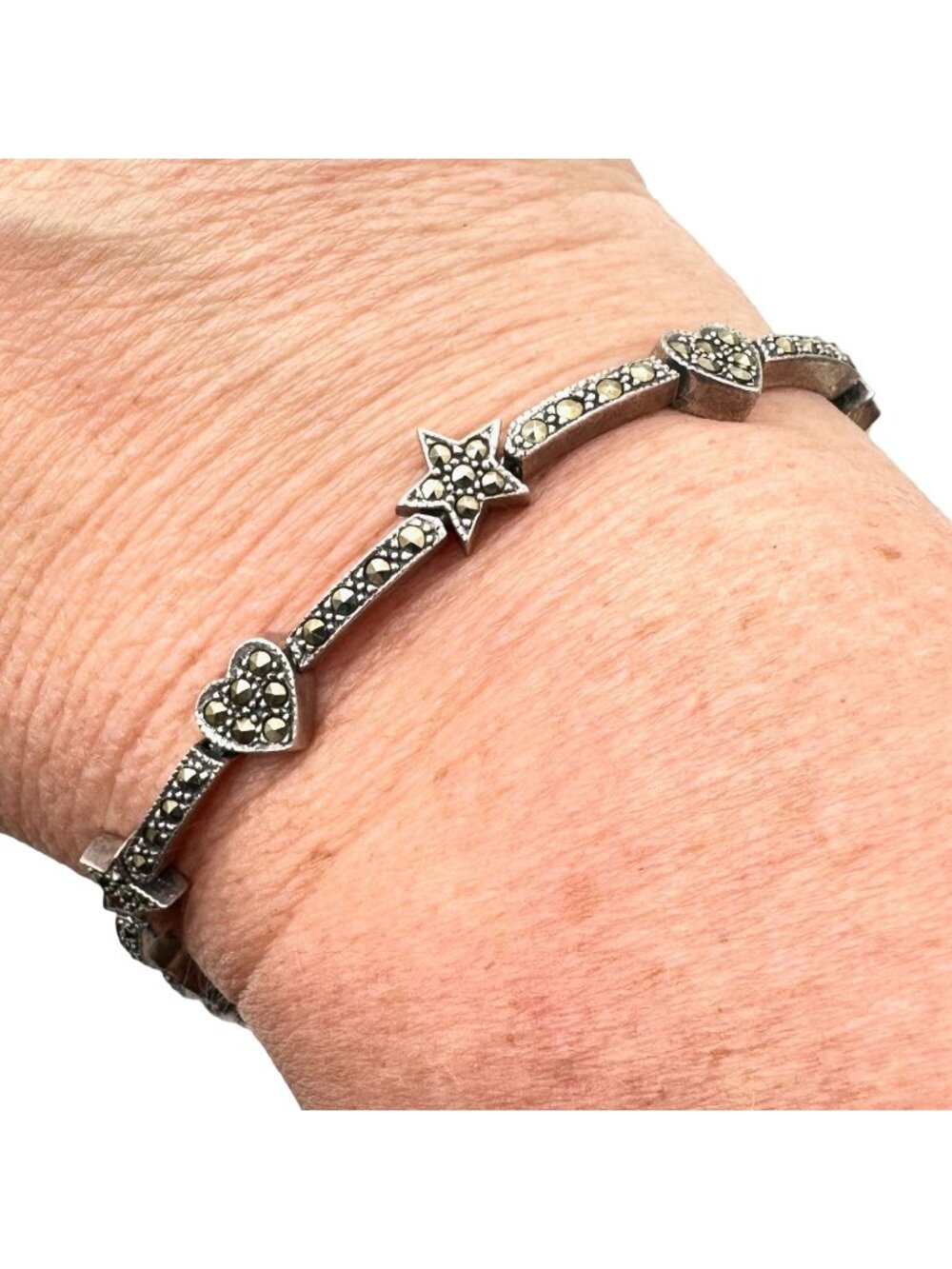Womens Bracelet Sterling Silver Marcasite Star Heart Design 7 Inch